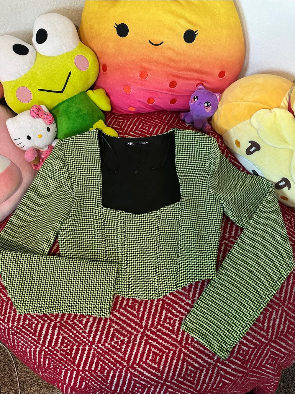 ZARA Lime Neon Green Black Houndstooth Crop Top Corset Style Square Neck size M